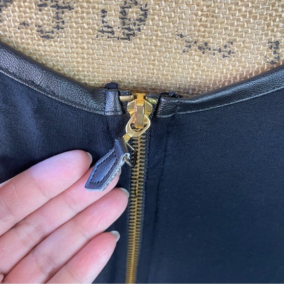 ZARA BLACK TOP BLOUSE  GOLD ZIPPER FAUX LEATHER TRIM SIZE LARGE - Picture 5 of 10